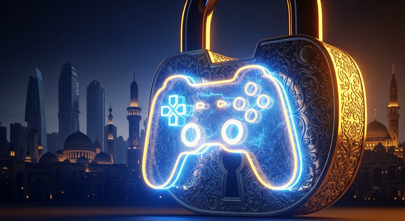 Dramatic visualization of a corporate take-private deal with golden padlock and gaming controller imagery