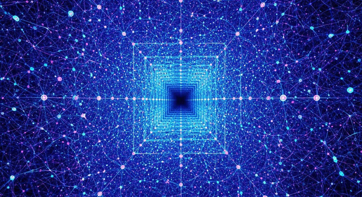 Abstract fractal visualization of expanding AI computational demand with electric blue and violet nodes