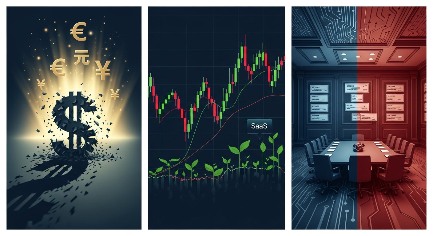 Triptych editorial illustration showing falling dollar with rising international currencies, beaten-down SaaS stocks with green shoots, and a boardroom split between innovation and financial engineering