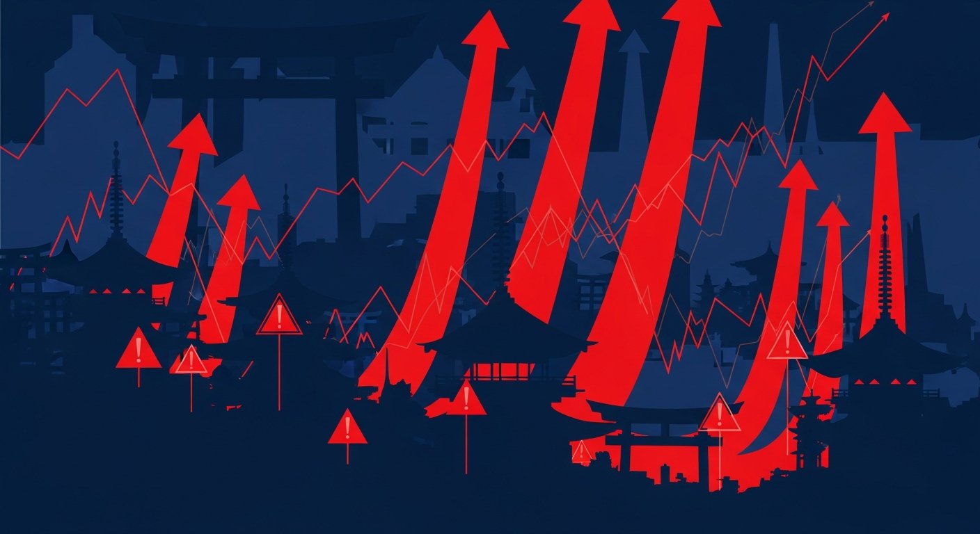 Abstract visualization of Japanese bond market stress with rising yield curves and crimson warning indicators