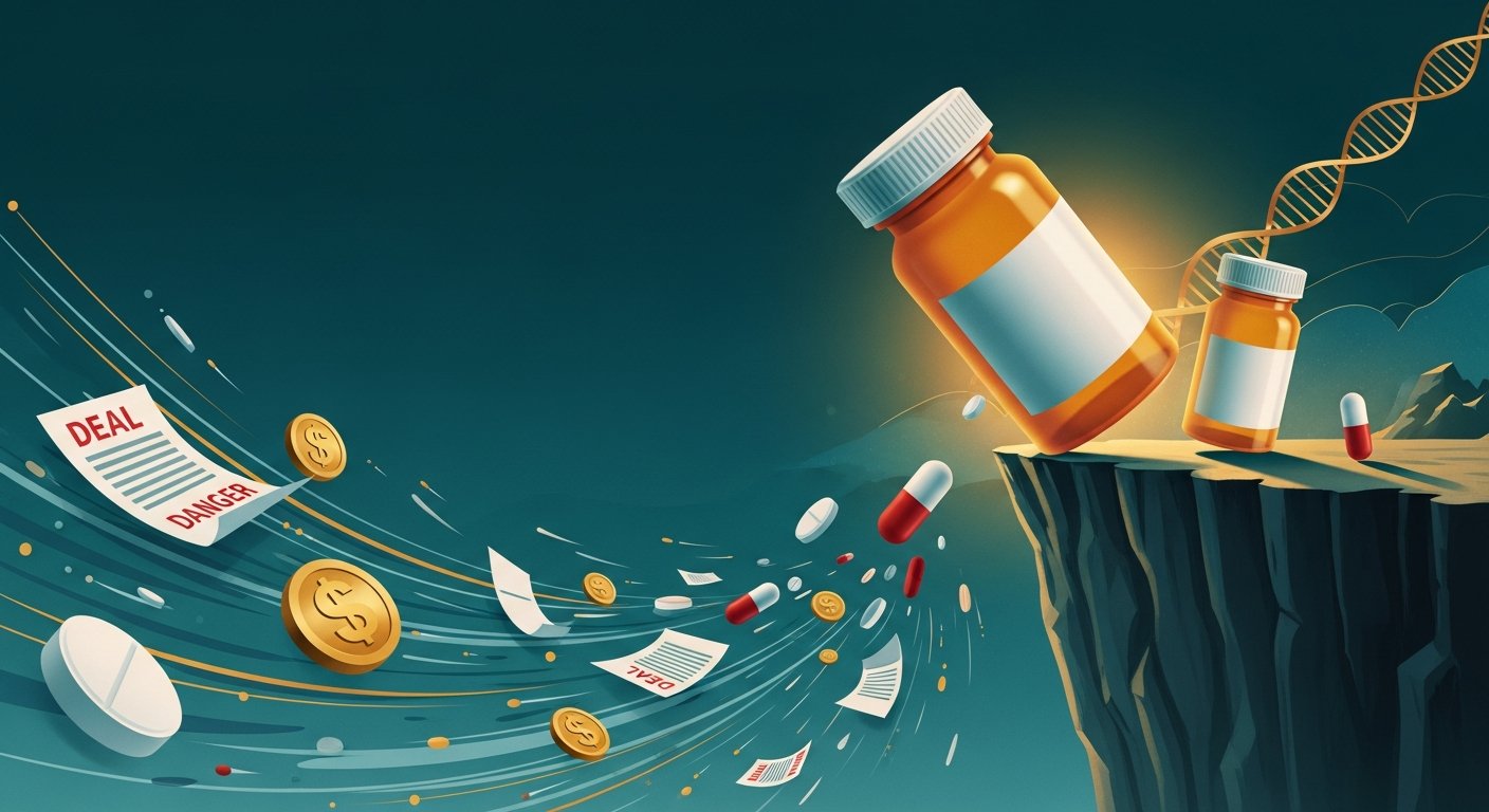 Editorial illustration of giant pharmaceutical pill bottles teetering on the edge of a steep cliff with deal documents swirling below