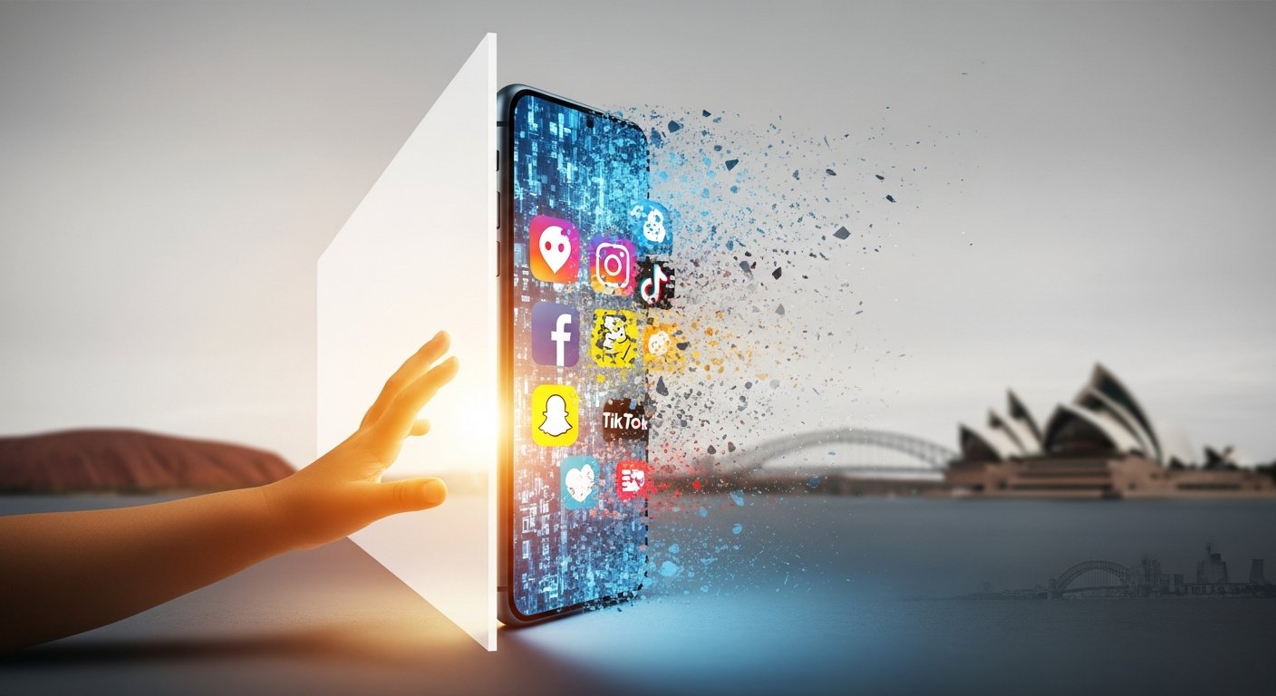 Editorial illustration of a child's hand reaching toward a glowing smartphone screen blocked by a transparent barrier