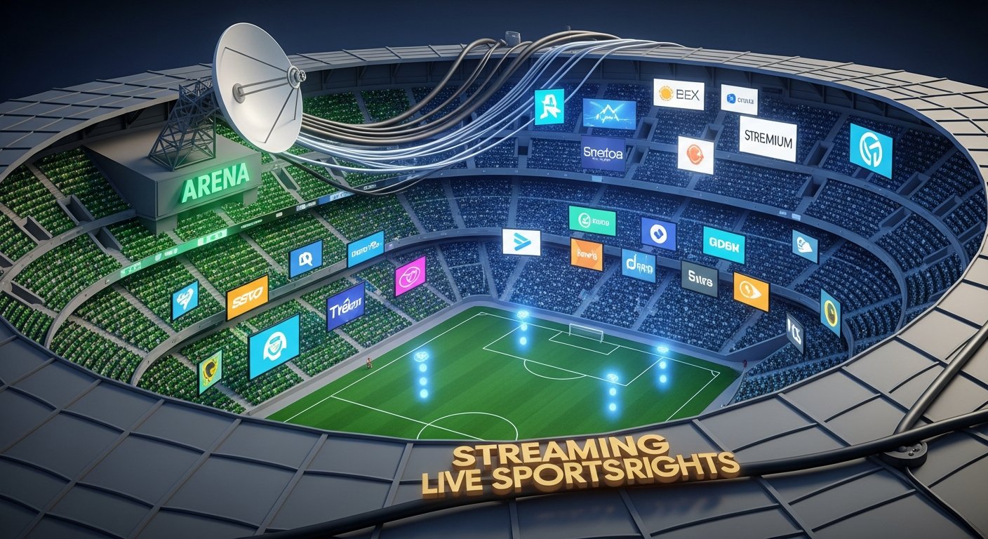 Editorial illustration of a massive stadium viewed from above with seats filled with glowing screens instead of people