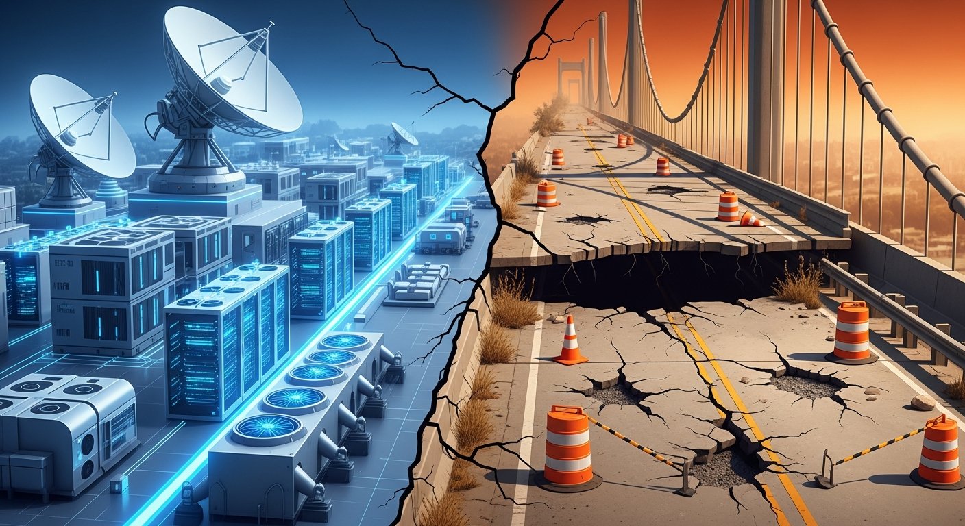 Split editorial illustration showing a gleaming futuristic data centre on one side and a crumbling highway bridge on the other