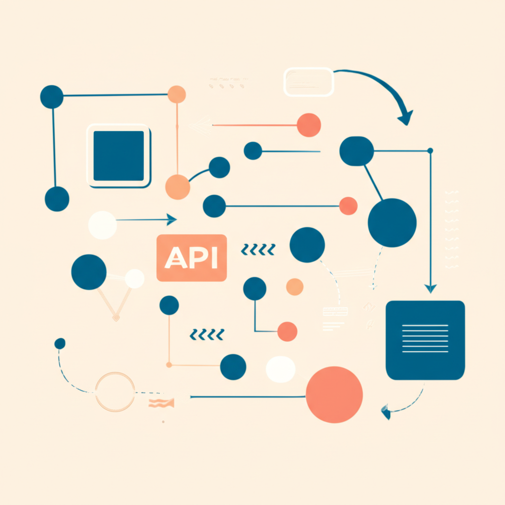 Abstract illustration of API concepts with data flowing between connected systems