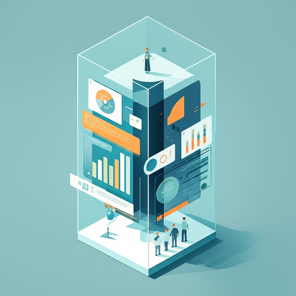 A transparent building with visible internal metrics and progress flowing outward