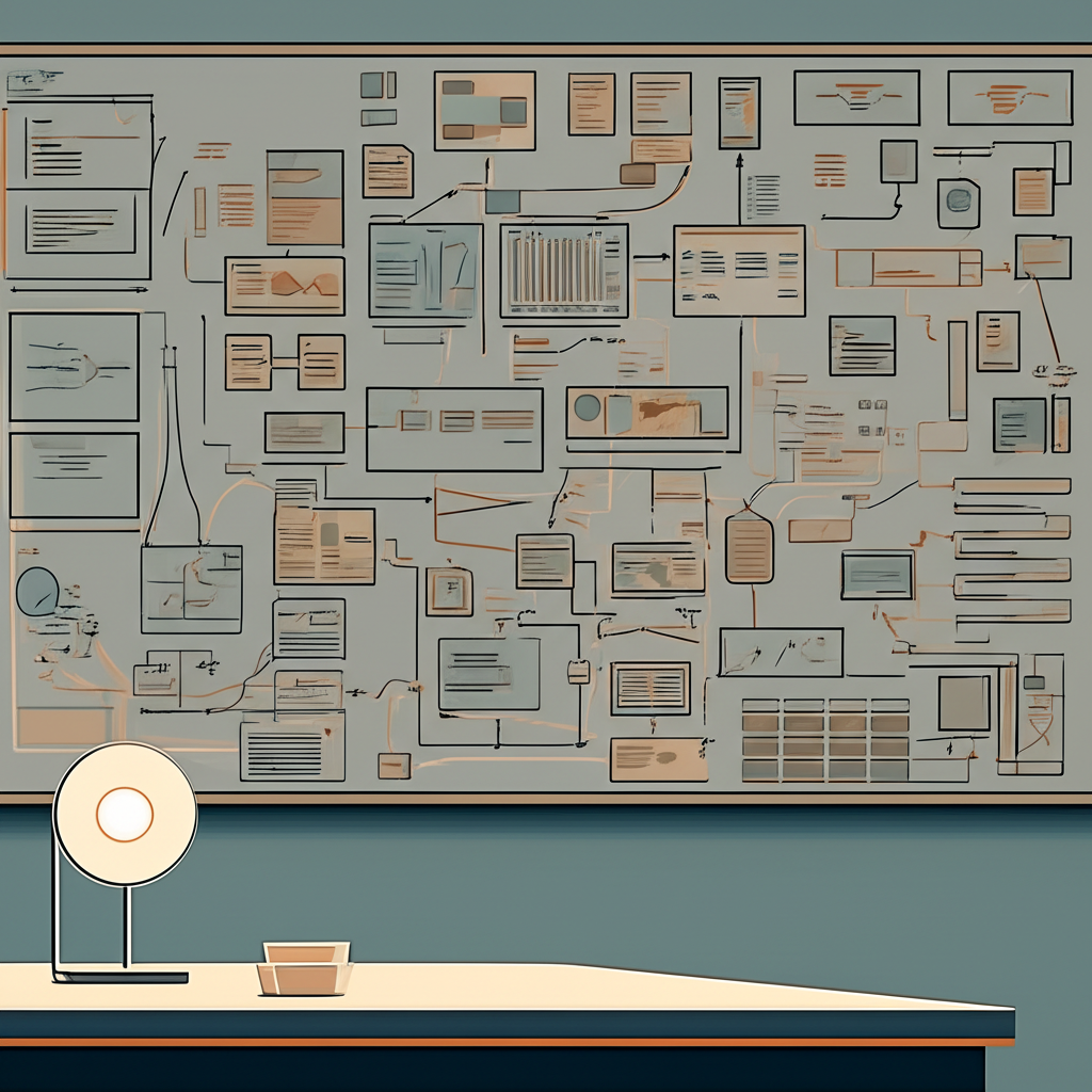 A founder staring at a whiteboard full of strategy while a completed product sits unnoticed on a desk