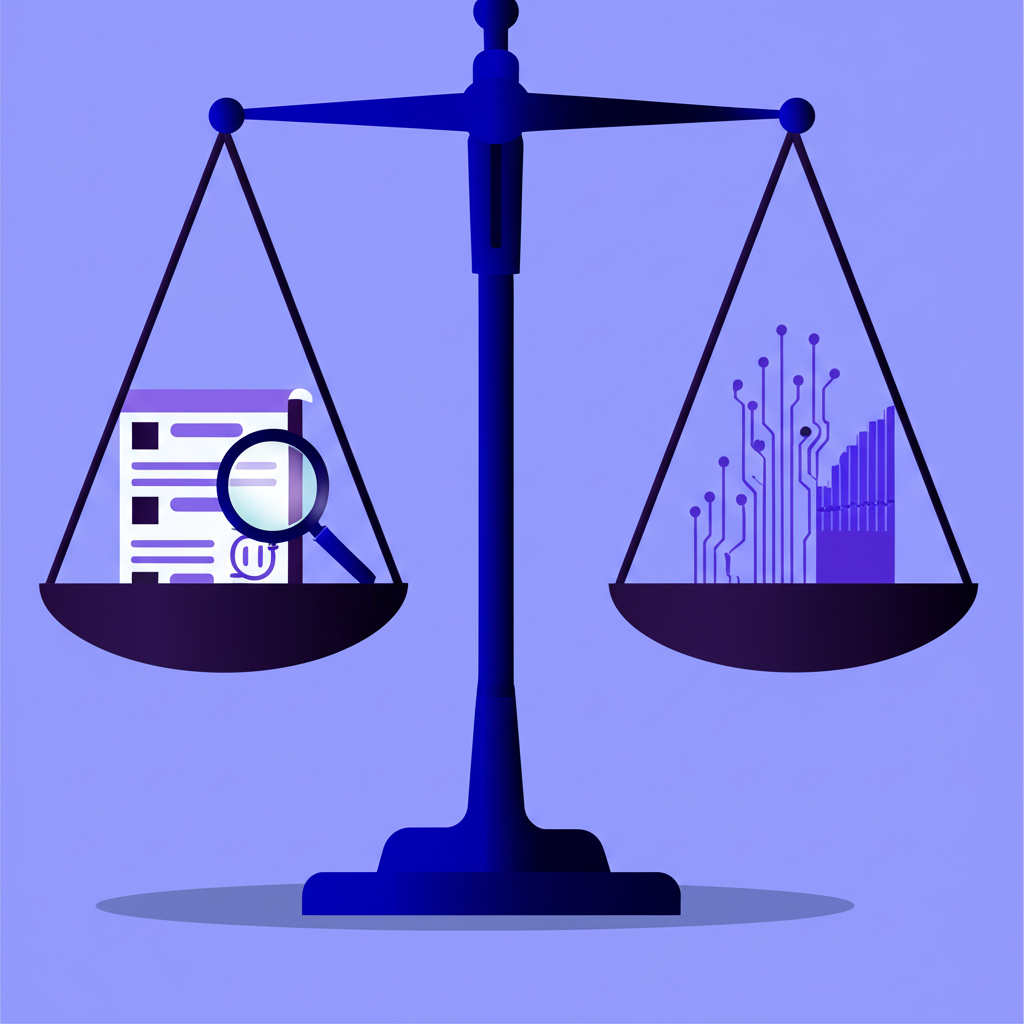 Abstract balance scales weighing technology options with a magnifying glass, representing systematic AI tool evaluation