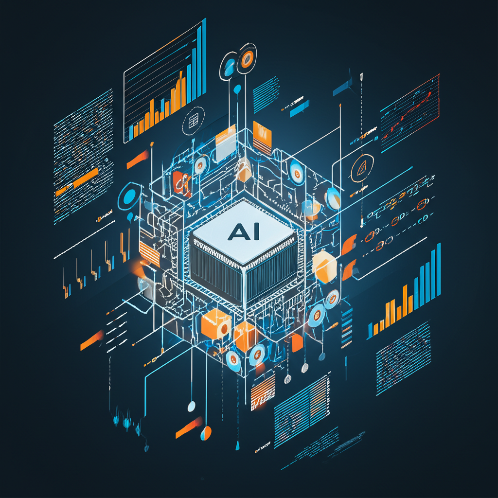 Abstract illustration of AI providing strategic technical leadership over architecture diagrams and business charts