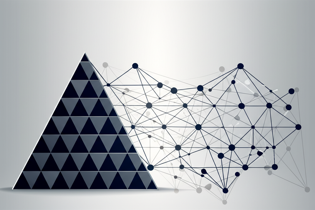 An organizational hierarchy being compressed and restructured by invisible AI layers