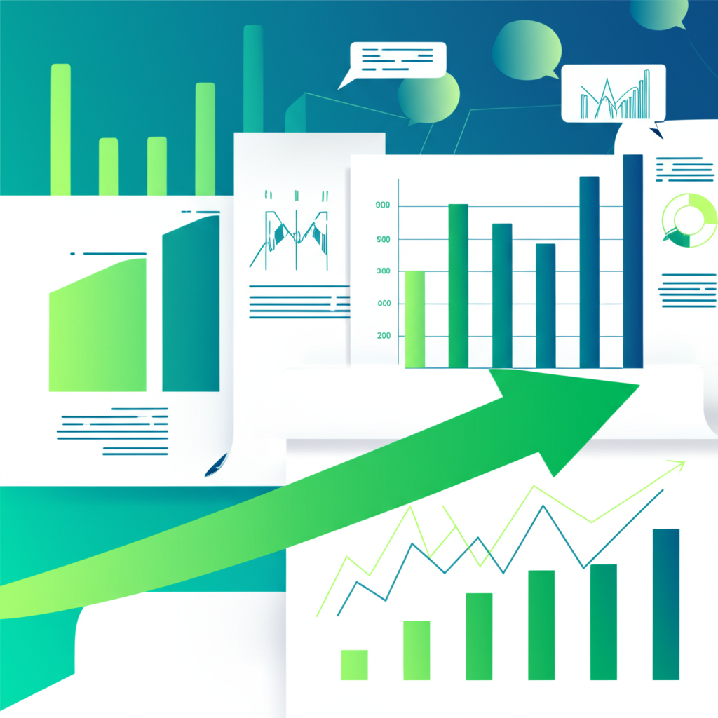 Professional illustration of financial reports and charts being automatically generated with upward metrics and investor communication elements