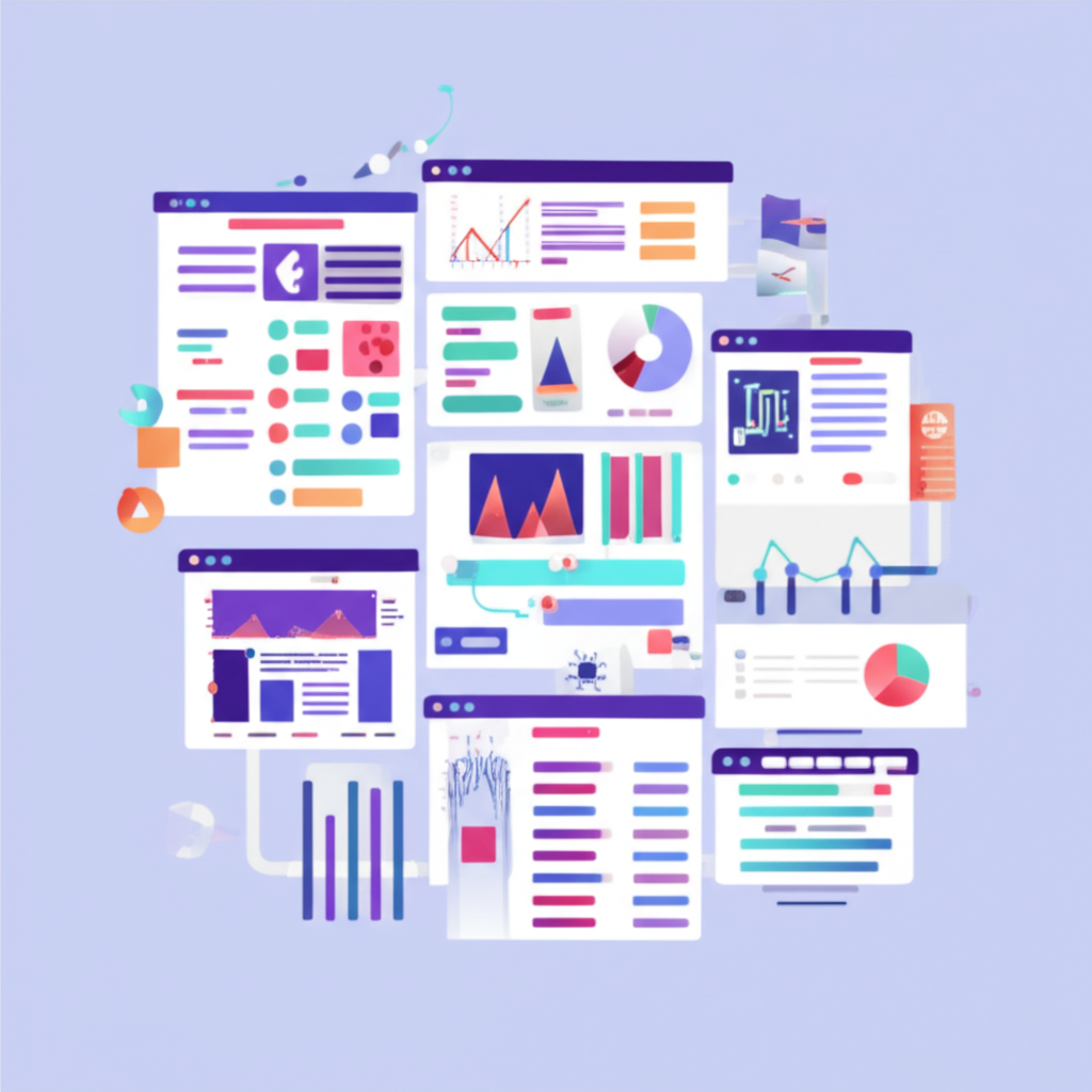Product management workflow with kanban boards, roadmaps, and data charts organized by AI