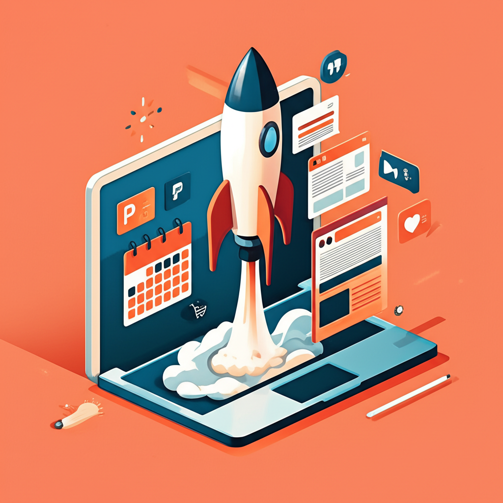 Illustration of a rocket ship launching from a laptop surrounded by product UI elements and payment icons