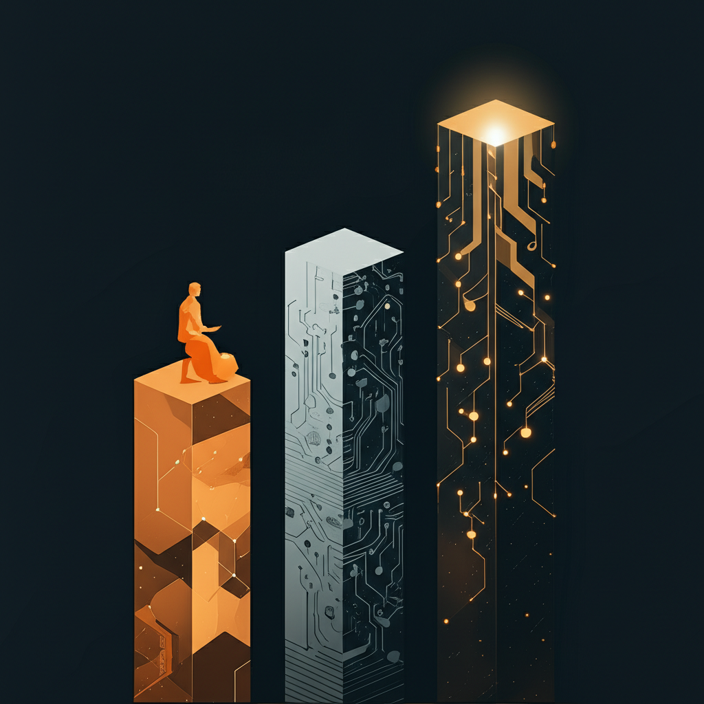 Three distinct eras represented as ascending columns — a storyteller, an engineer, and a systems architect