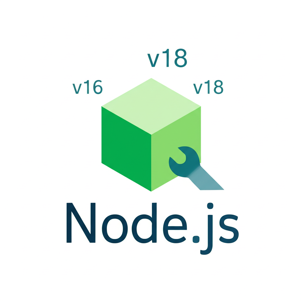 Node.js logo with version numbers and a repair wrench icon in a clean troubleshooting illustration