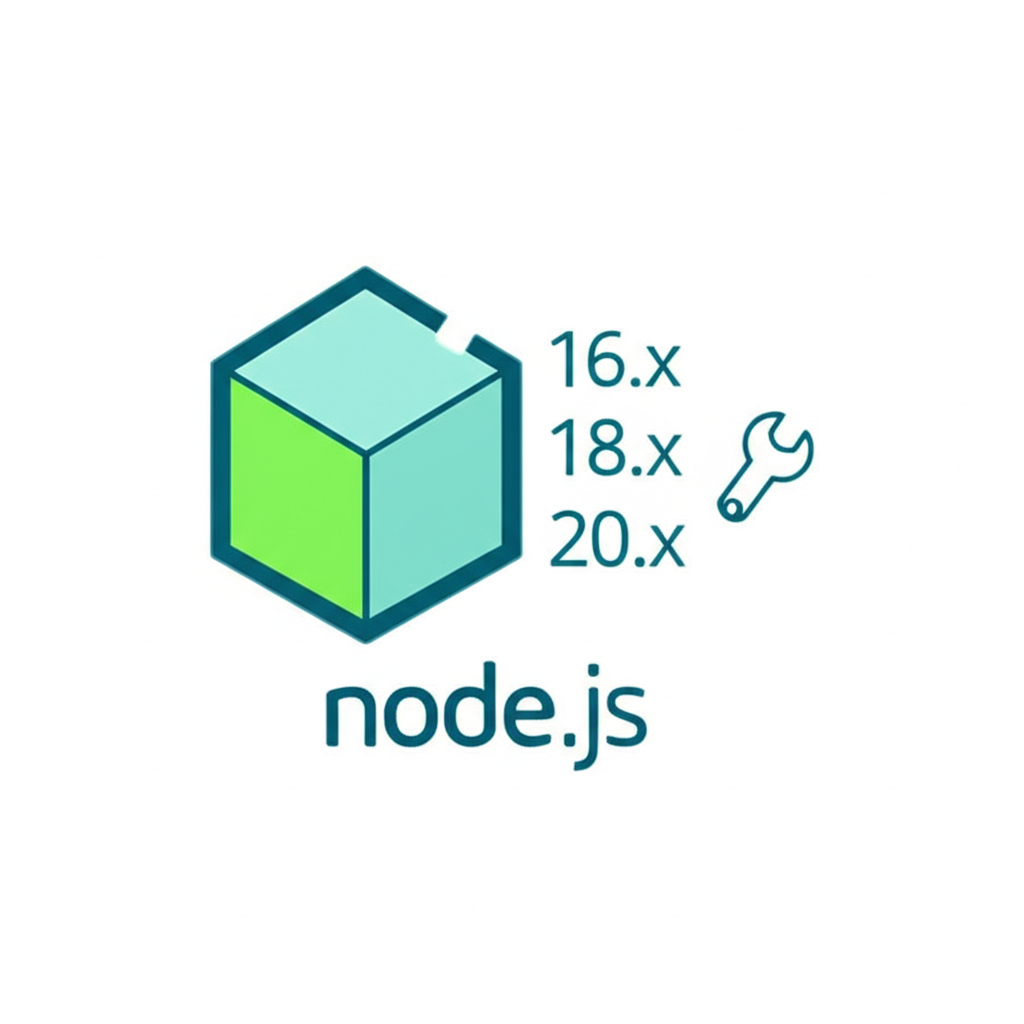 Node.js logo with version numbers and a repair wrench icon in a clean troubleshooting illustration