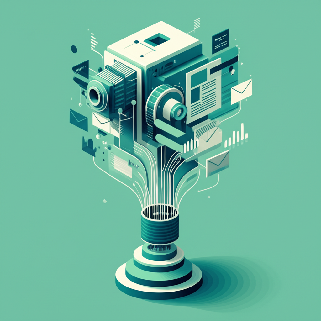 Abstract illustration of a zero-cost marketing engine with content, email, social media, and analytics flowing from a single source